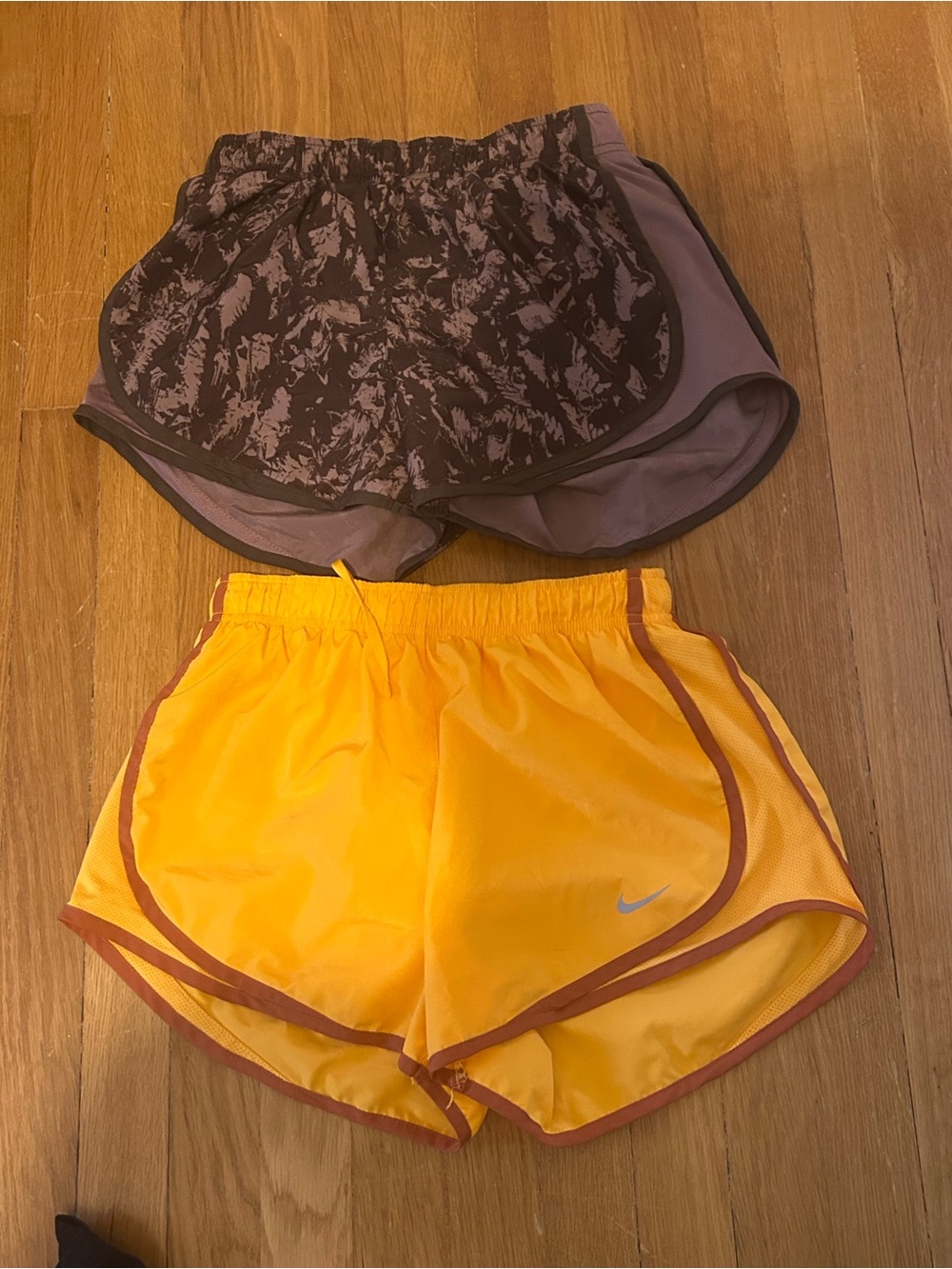 Lot of 2 Nike Women’s Yellow Running Shorts [S] w Maroon Trim & Brown Abstract